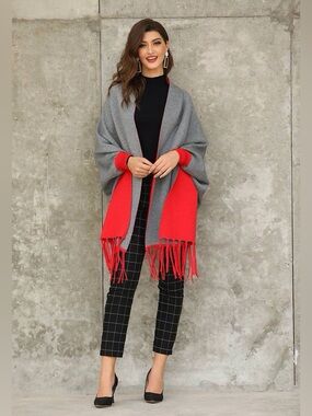 New Reversible Grey and Red Fringe Open-Front Women's Shawl with Sleeves